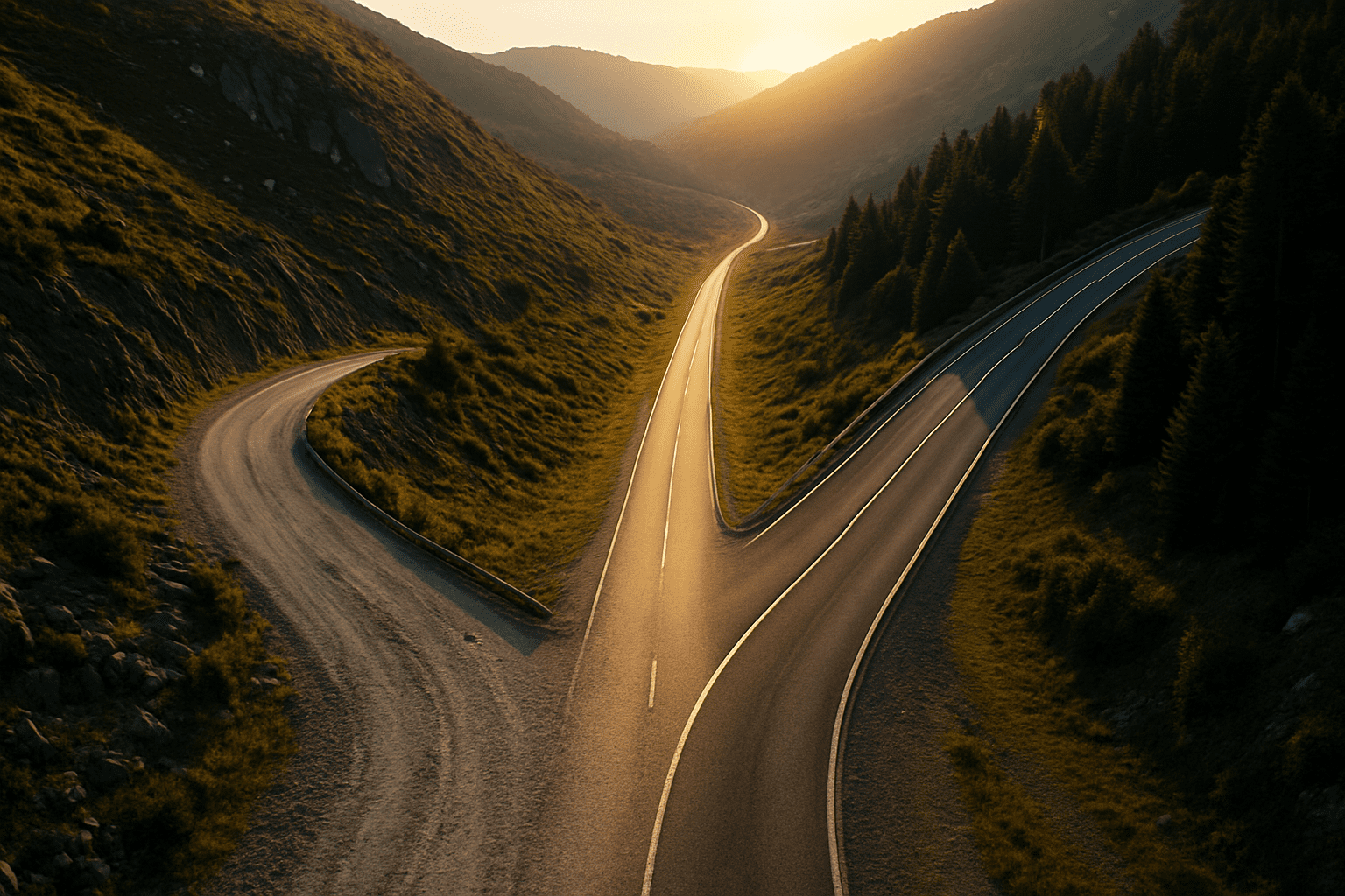 Camino en Y al atardecer que simboliza decisiones estratégicas: elegir rumbos con criterios claros y visión a largo plazo.