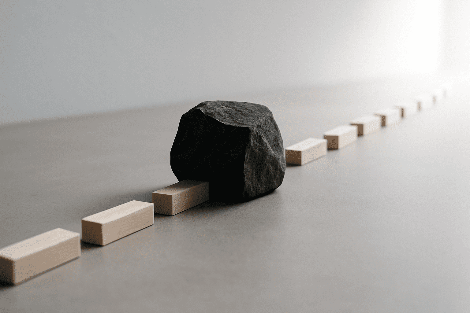Bloque oscuro obstruyendo un camino de piezas claras, metáfora del ego que frena la innovación en una organización.