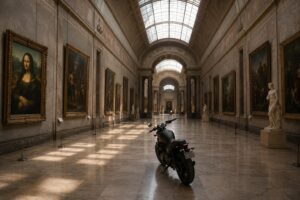 Atravesar el Louvre en motocicleta