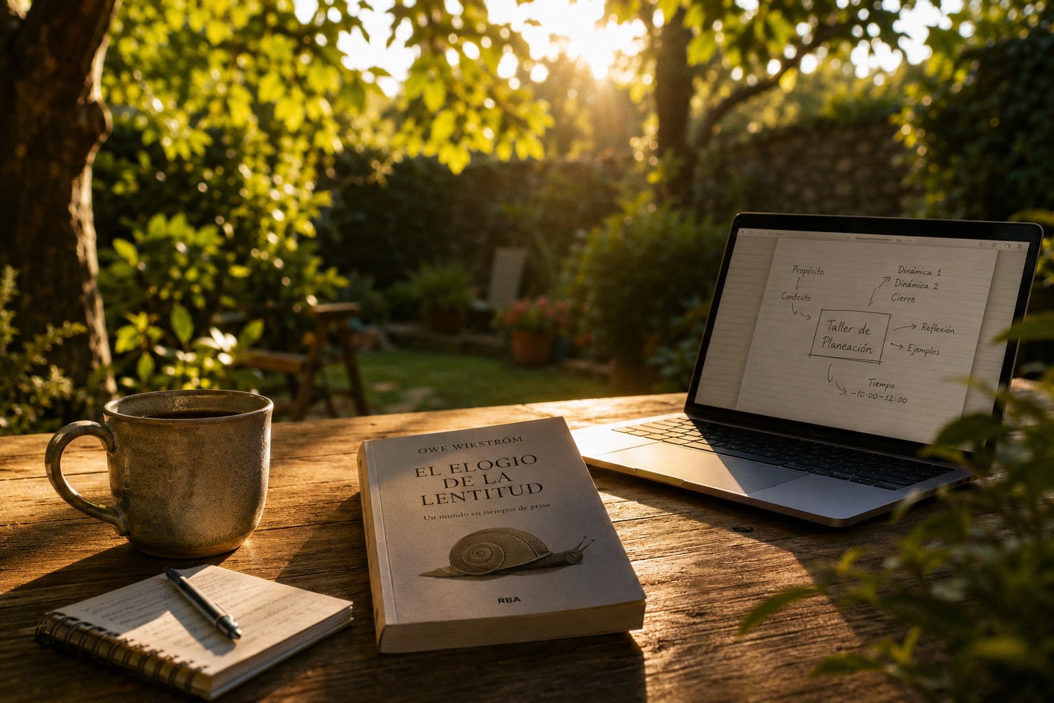Libro El elogio de la lentitud junto a una taza y una computadora en un jardín iluminado por el sol